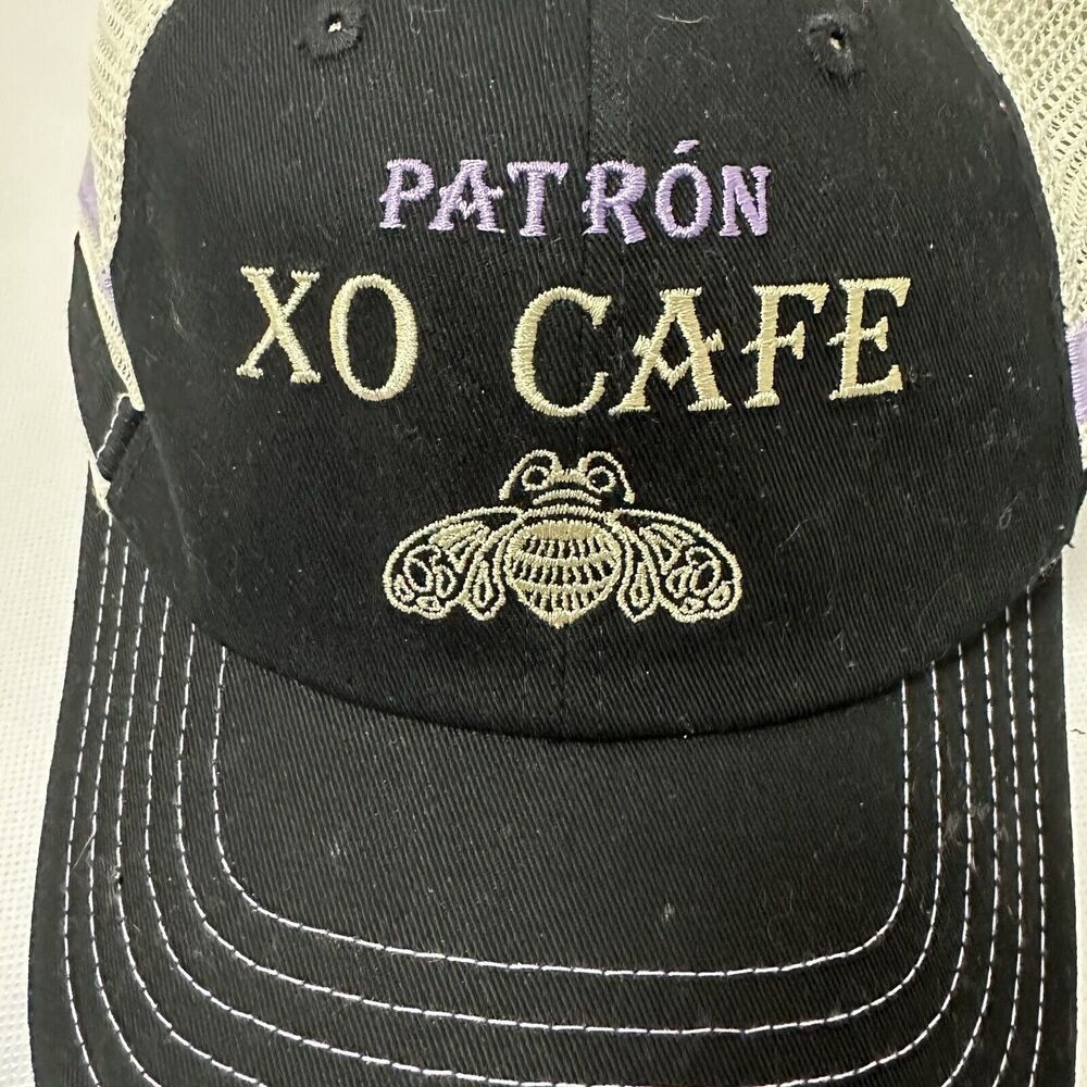 Patron Tequila Hat Mesh Trucker Two Stripes Baseball Cap Black Embroidered Bee